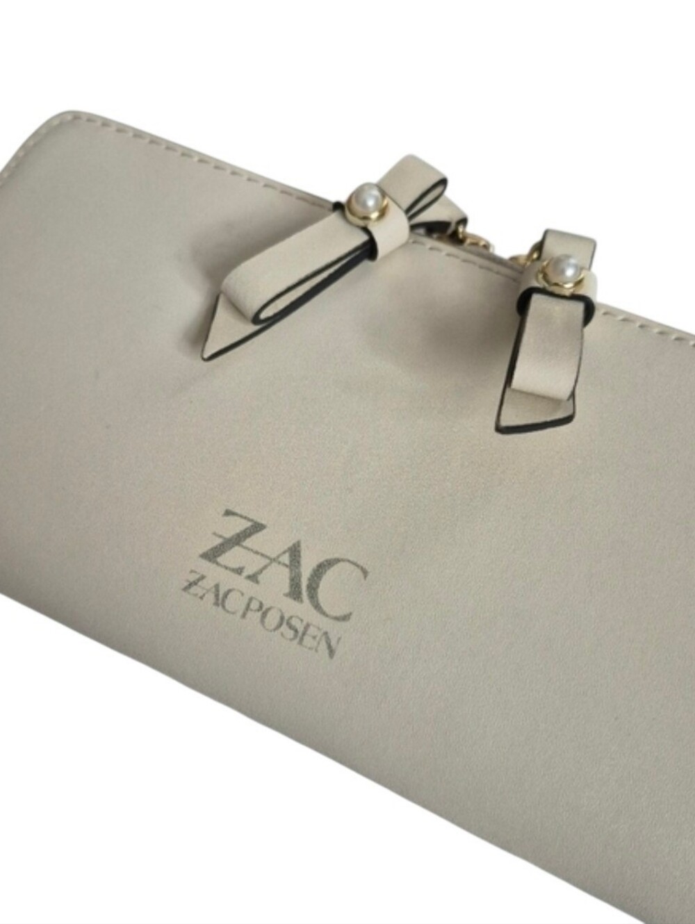 Zac Posen Eartha Cream Leather Wallet Dual Zip Bow Details